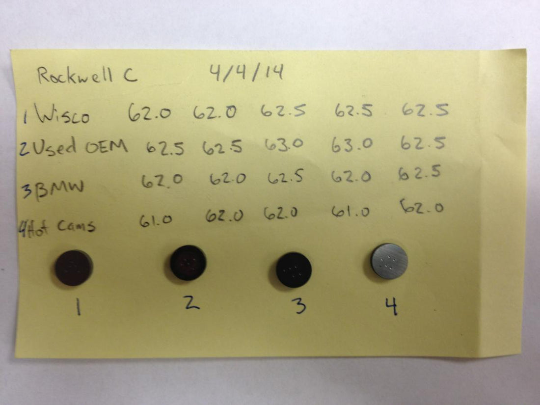 Wiseco vs BMW valve shim Rockwell test results